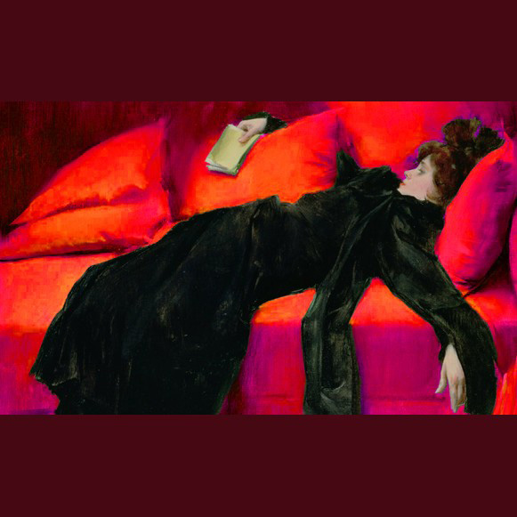 Gemälde „Jove decadent“ von Ramon Casas: Frau in schwarzem Kleid liegt erschöpft auf einem roten Sofa, ein Buch in der Hand - Sujet des Frauen*Streiks 2026